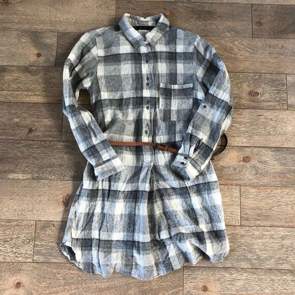 Zara Dresses & Skirts - ZARA Belted Plaid Shirt Dress in Gray XS